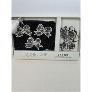 Rachel Zoe Black & Silver Wht Beaded Bow Coin Purse & Handbag Charm Gift Set NWT